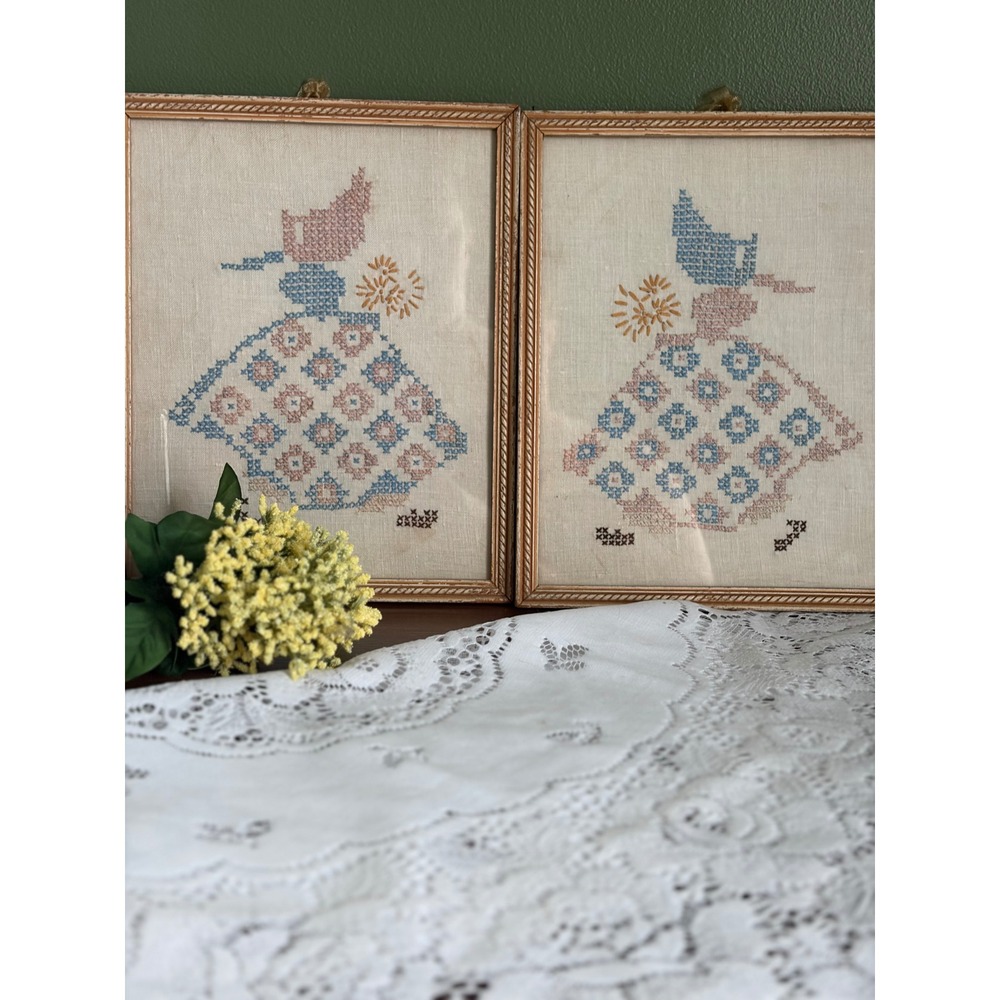 Vintage Sunbonnet Sue Cross Stitch Framed Set of 2 Folk Art‎ Wall Decor